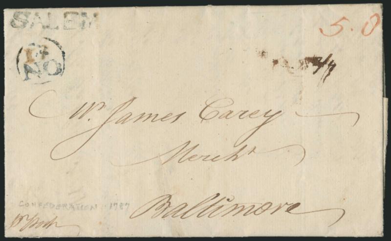 (Salem Mass., 1787) SALEM.> Bold strike of straightline handstamp in blue with matching 17NO (Nov. 17) Franklin mark on 1787 folded letter to Baltimore, red ms. 5.0 dwt rate, business contents from Elias
Hasket Derby who was one of the wealthi