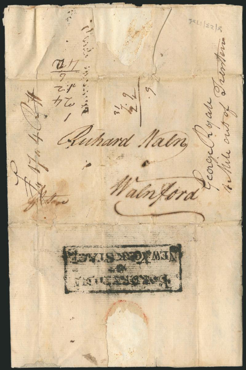 (New Jersey, 1786) BORDENTON&NEW YORK STAGE.> Large rectangular framed handstamp on back of Aug. 23, 1786 folded letter from Jacob Downing in Philadelphia to Richard Waln in Walnford N.J., senders directive
<<p Stage>> and another notation on