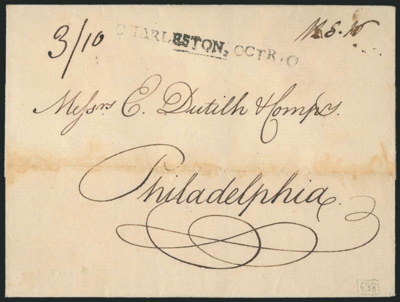 (Charleston S.C., 1787) CHARLESTON, OCTR. 10.> Bold strike of straightline datestamp with ms. sh. 8.16 dwt ship letter rate and 310 due in local currency on folded cover to Philadelphia, docketing indicates
origin is Gosport (Hampshire, Englan