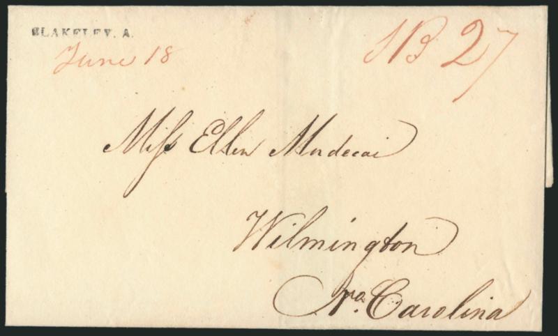BLAKELEY, A. June 18.> Neat strike of small straightline handstamp with date in magenta ms., matching ms. rate on folded cover to Wilmington N.C., fresh and Very Fine, this marking was used during both
territorial and statehood periods, this is likel