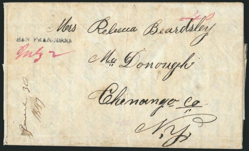 SAN FRANCISCO.> Well-struck straightline handstamp with magenta ms. July 2 and 40 rate on 1849 folded letter to McDonough N.Y., some slight overall wear, Very Fine strike, the first handstamp used at the San
Francisco post office, carried on the