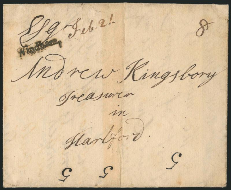 Windham, Feb. 21.> Bold strike of straightline handstamp with ms. date and 8 rate on 1797 folded letter to Hartford Conn, letter datelined <ampton February 9, 1797>>, light vertical file fold, some slight
toning, Very Fine strike, this entered
