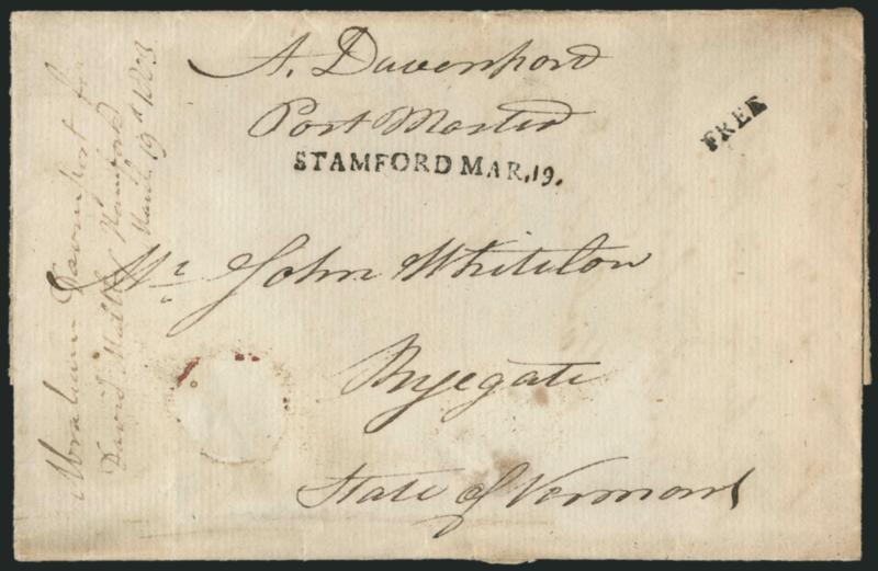 Connecticut Straightline Handstamps.> 13, incl. 1831 Farmington, Hartford (3 incl. 1793 and two from 1796), Litchfield (2 from 1820s), 1790 New Haven struck in red (silked), New London (2 incl. one from 1798),
1793 Norwich, 1803 Stamford, 1846 West