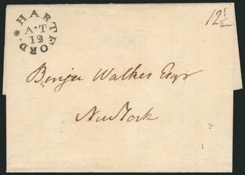 Connecticut Stampless Covers.> 12, incl. 1851 Bridgeport circular datestamp with fancy Paid, 1818 Chelsea Landing, 1794 Hartford rimless, Litchfield (2, 1803 and 1825), Middletown, 1821 New Haven, 1793 New
London, Stamford (2), Tolland fancy markin