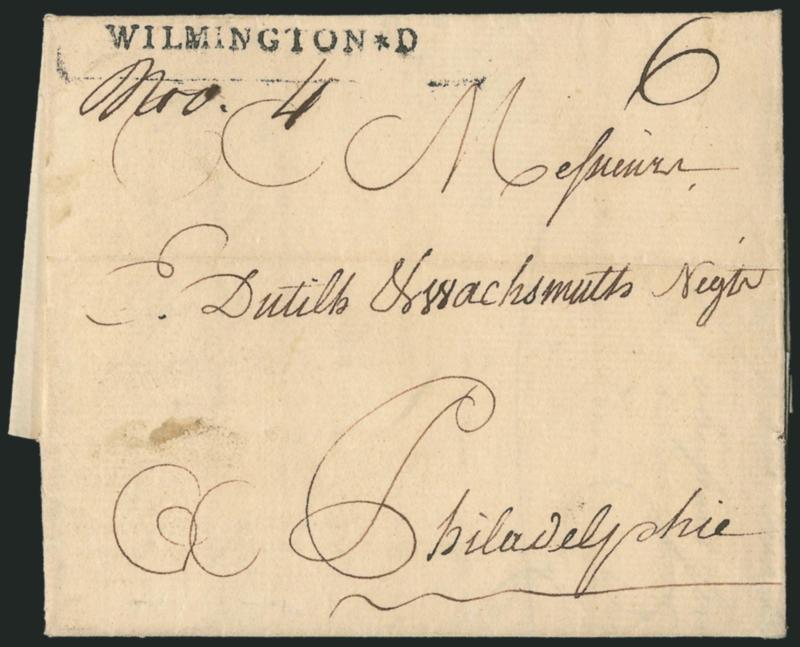WILMINGTON * D.> Bold strike of straightline handstamp with ms. Nov. 4 date and 6 rate on 1793 folded letter to Philadelphia, Extremely Fine strike