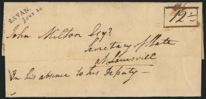SAVAN.JUNE 14.> Clear strike of two-line straightline datestamp with ms. 12-12 rate in hand-drawn box on 1799 folded cover to Louisville, light horizontal file fold, Very Fine strike