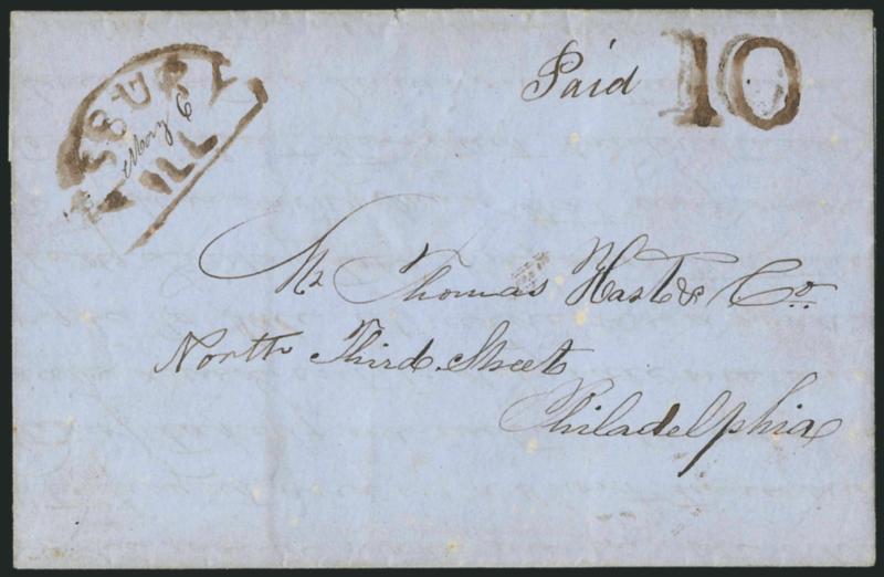 Asbury Ill. May 6.> Bold strike of <brown> tombstone-style handstamp with date in ms., matching 10 handstamp on blue 1851 folded letter to Philadelphia, Very Fine strike, illustrated in ASCC on p. 67, ex
Rohloff