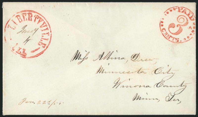 Libertyville Ill. Jany. 4.> Well-struck red postmark with date in ms., matching <Paid 3 with stars in circle> handstamp on 1855 cover to Minnesota City Minn., Very Fine strikes