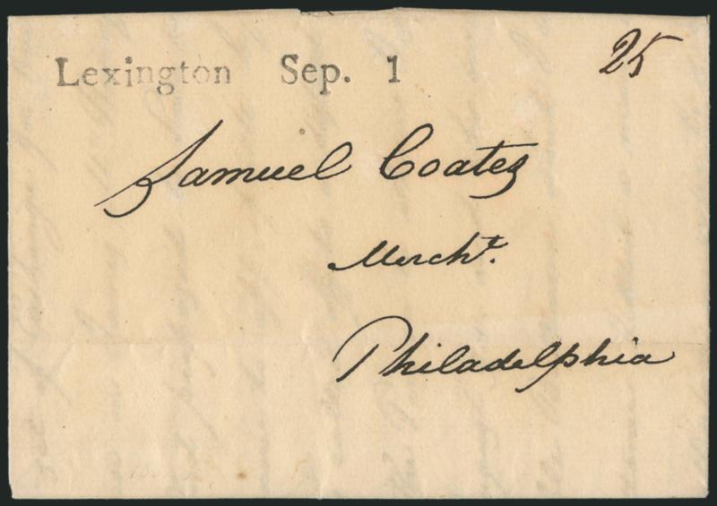 Lexington Sep. 1.> Bold strike of straightline datestamp with ms. 25 rate on 1796 folded letter to Philadelphia, light horizontal file fold well clear of markings, Extremely Fine strike