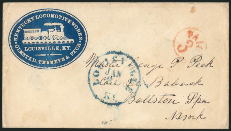 Louisville Ky. Jan. 20.> Clear strike of blue circular datestamp with red Paid 3 in circle on cover with <Kentucky Locomotive Works blue cameo corner card> to Ballston Spa N.Y., trivial edgewear, Very Fine, a
beautiful cover