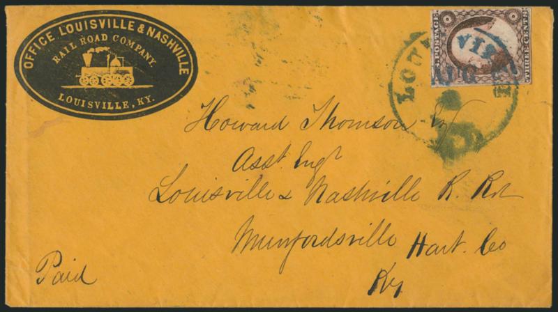 Louisville Ky. Cover Balance.> Twelve, incl. four with Louisville-related railroad markings on 1857-61 Issues with one corner card, also Wisconsin Union Patriotic used with No. 65 from Louisville, No. 26 on
blue illustrated tobacco warehouse corner c