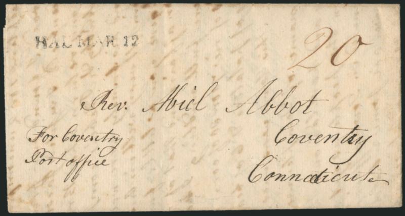 HAL MAR. 12.> Neat strike of straightline datestamp with ms. 20 rate on 1804 folded letter to Coventry Conn., Very Fine strike of this District of Maine postmark