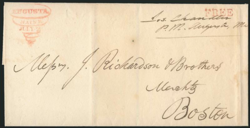 Maine Stampless Covers.> Eight, incl. 1836 Augusta horn of plenty, 1833 Bath straightline, 1830 Kennebunkport, Levant straightline, 1838 Milltown, red 1843 Portland circular datestamp, 1828 Saco in ornate
frame, 1836 Winthrop straightline, wonderfu