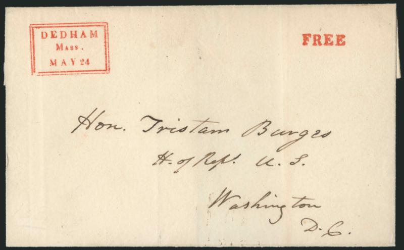 Dedham Mass.> Two covers: first with red boxed datestamp with matching Free used in 1834 to Washington D.C. second is similar marking struck in blue with Paid handstamp and 18-34 rate on 1837 folded letter to
Charlestown Me., Very Fine and high