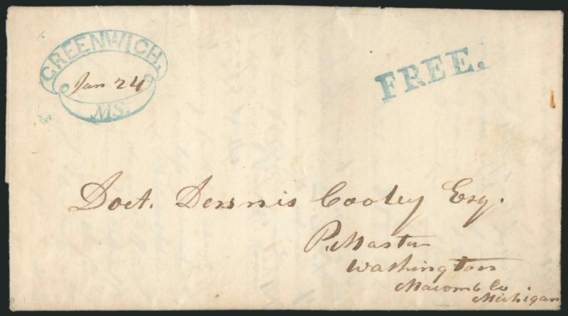 Greenwich Mass.> Two covers: first with well-struck ribbon-style postmark and ms. Jan. 24 date and Free handstamp on 1837 folded letter to Washington Mich. second with rimless oval handstamp with red ms. Aug.
28 and Free handstamp on 1832 fo