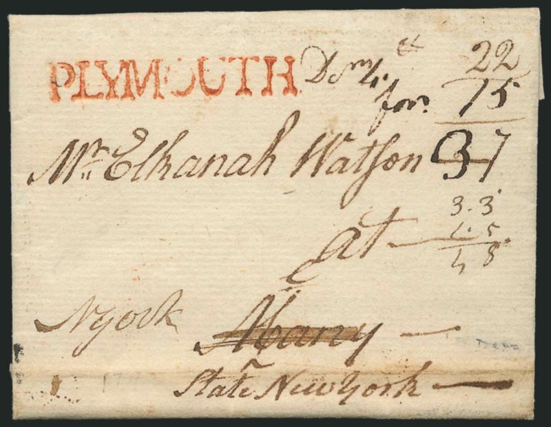 PLYMOUTH.> Bold strike of red straightline handstamp with ms. <<Dcm 4>> date on 1797 folded letter to Albany N.Y. and forwarded to New York City, ms. rate includes calculation for forwarding postage, minor
wear, Very Fine strike of the large Plymou