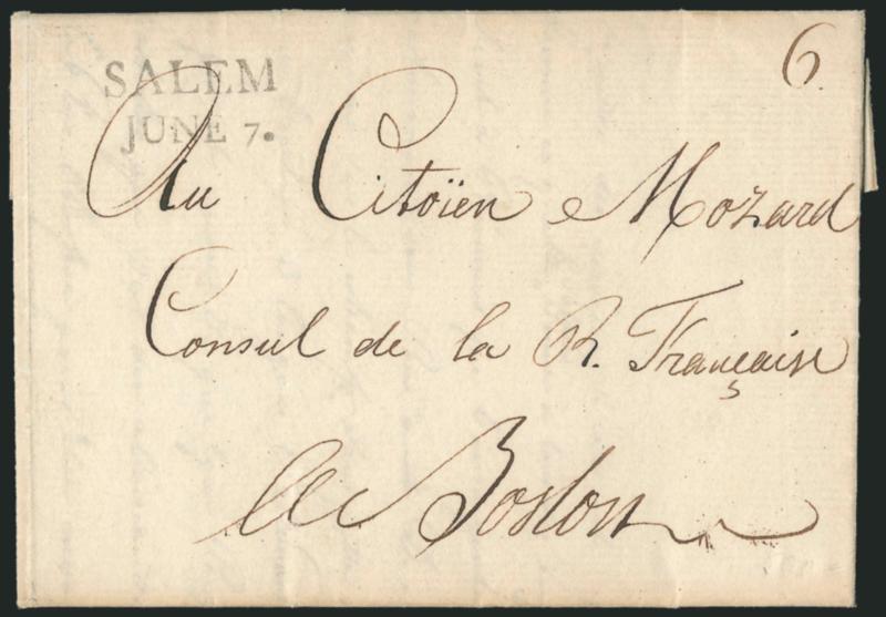 SALEM Straightline.> Three folded covers, two dated 1793 and last undated, each with similar straightline handstamp, one struck in black, one in red, last in brown, two with 6 rates to Boston, red with 22 rate
to Philadelphia, Very Fine strikes,