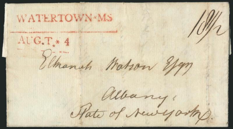 WATERTOWN * MS.AUG.T. * 4.> Bold strike of two-line handstamp in red with ms. 18-12 rate on 1817 folded letter to Albany N.Y., vertical file fold, minor restoration is barely noticeable, Extremely Fine
strike