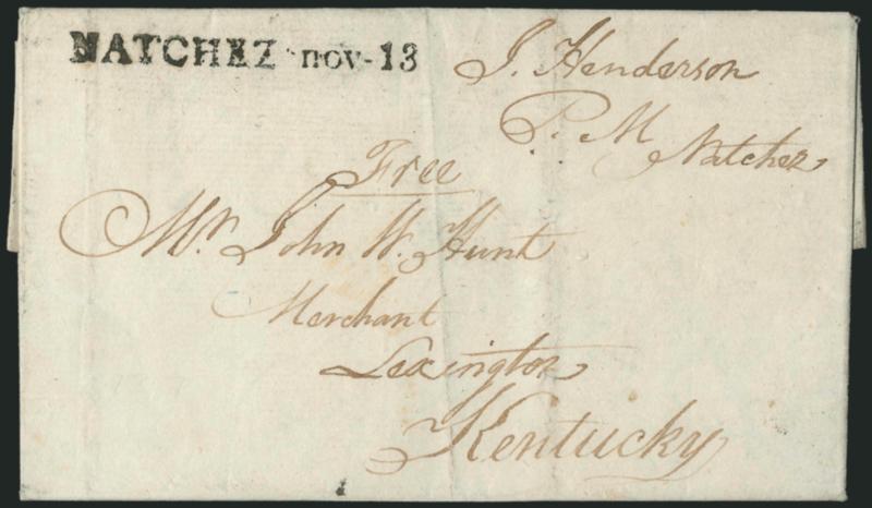 NATCHEZ nov-13.> Well-struck straightline datestamp with ms. <<Free>> and postmasters frank on 1807 folded letter to Lexington Ky., light file folds and gently cleaned, Very Fine strike of this territorial
marking