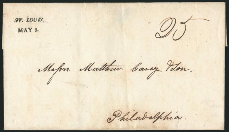 ST. LOUISMAY 3.> Well-struck two-line datestamp with town name in italics, ms. 25 rate on folded cover to Philadelphia, minor soiling at bottom, light vertical file fold well away from markings, Very Fine
strike of this Missouri Territory marking,
