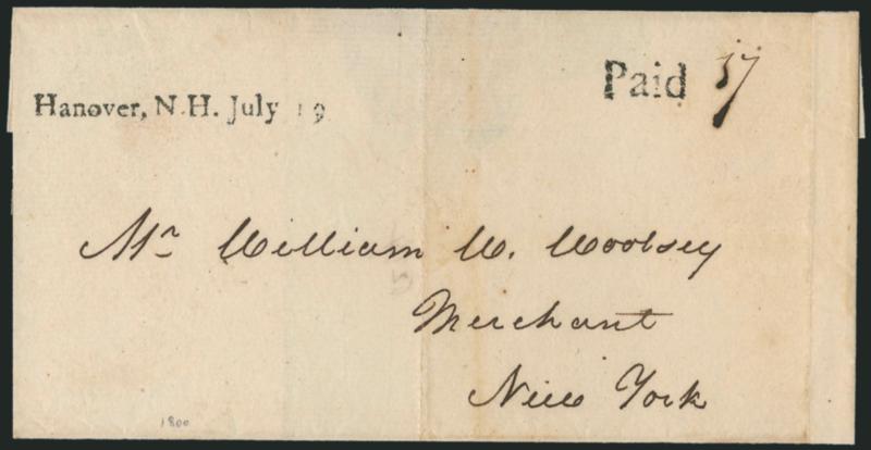 Hanover, N.H. July 19.> Well-struck straightline datestamp with matching Paid and ms. 17 on 1800 folded cover to New York, light vertical file folds well clear of markings, Extremely Fine, illustrated in ASCC
on p. 216