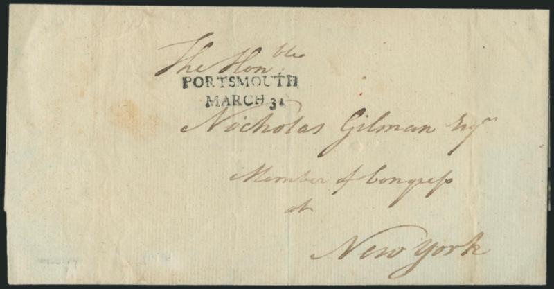 PORTSMOUTHMARCH 31.> Beautiful strike of two-line datestamp on unrated folded cover addressed to Nicholas Gilman as Member of Congress in New York, minor wear, Very Fine strike, probably ca. 1789
usage