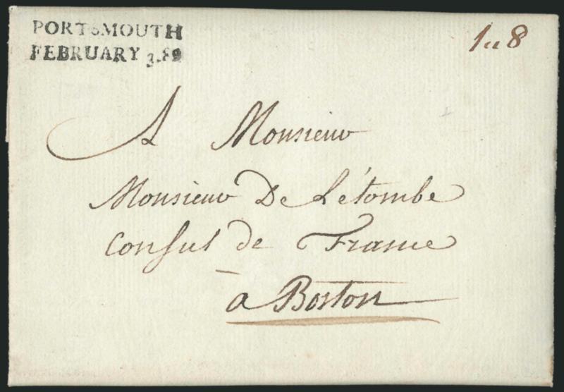 Portsmouth N.H. Stampless Covers.> 13, used in 1787, 1789, 1790, 1792, 1793 (2), 1797 (3), 1802, 1809, 1818 and 1821, phenomenal range of markings with all but the last two straightlines, the 1790 and 1792 are
incoming ship letters rated 4.16 and 7.8