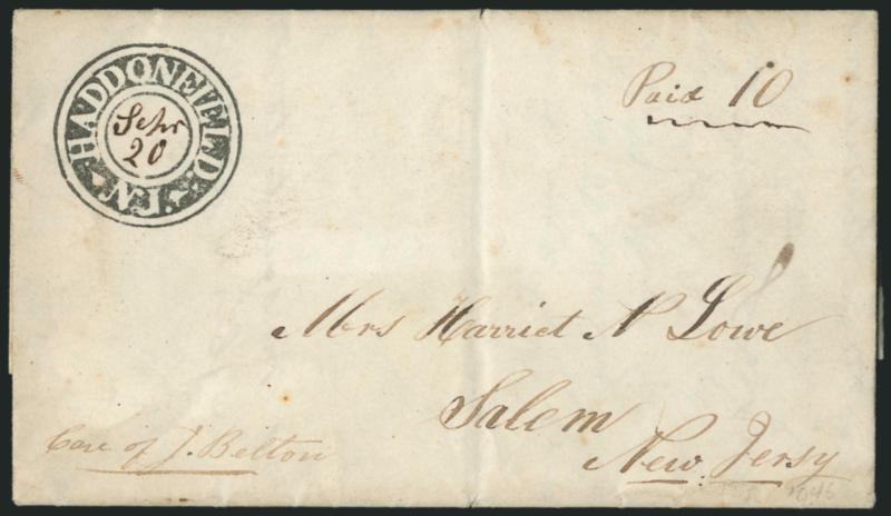 Haddonfield N.J. Sept. 20.> Perfect strike of negative postmark with date and Paid 10 rate in ms. on 1841 folded letter to Salem N.J., Extremely Fine strike and a beautiful cover