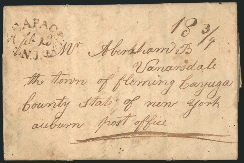 Peapack N.J. Feb. 20.> Rimless oval datestamp with date and 18-34 rate in ms. on 1828 folded letter to Auburn N.Y., some overall soiling, otherwise Very Fine example of this scarce marking, only eight are
reported and this is the earliest reported