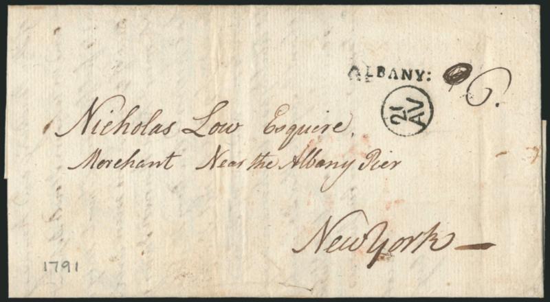 ALBANY: 6.> Bold straightline handstamp with matching 21AV (Aug. 21) Franklin mark, manuscript 4 crossed out and re-rated 6 dwt on Aug. 20, 1791 folded letter to <<Near the Albany Pier New York>>, letter is
not town datelined but same corres