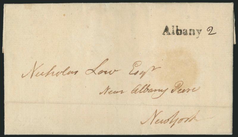 Albany 2.> Clear strike of straightline handstamp with 2 dwt rate in manuscript on folded letter datelined <allston 2 May, 1792>> to <<Near Albany Pier New York>>, carried from Ballston N.Y. to Albany by post
rider Nathaniel Sherman, ex Knapp