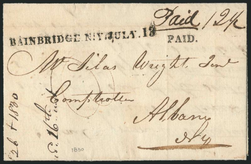 BAINBRIDGE N:Y: JULY. 13.> Bold straightline datestamp with Paid handstamp and ms. Paid 12-12 on 1830 folded letter to Albany, missing small portion of bottom of letter, Very Fine, ex Mayer