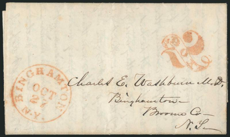 Binghamton N.Y. Oct. 27.> Neat strike of red circular datestamp with matching <2 BOX in fancy ribbon handstamp> on 1848 folded drop letter, Extremely Fine, a beautiful example of this distinctive handstamp
which was used to indicate a charge to a p