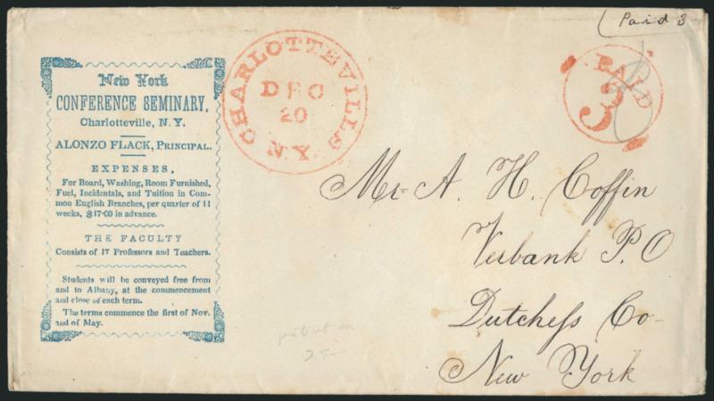 Charlotteville N.Y.> Two covers, both with red circular datestamp and Paid 3 circular handstamp, each with <New York Conference Seminary> corner card, to Verbank N.Y., one with embossed Adhesive Patent Paris
on top flap (top and side flap fault
