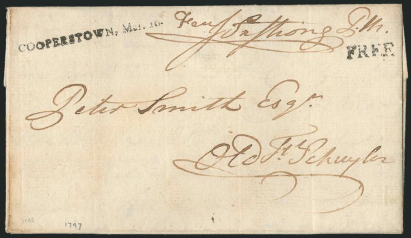 COOPERSTOWN, MAR. 10.> Bold straightline datestamp with Free handstamp and ms. <<Free Ja. Strong P.M.>> frank on 1797 folded letter to Schuyler N.Y., Very Fine, ex Knapp
