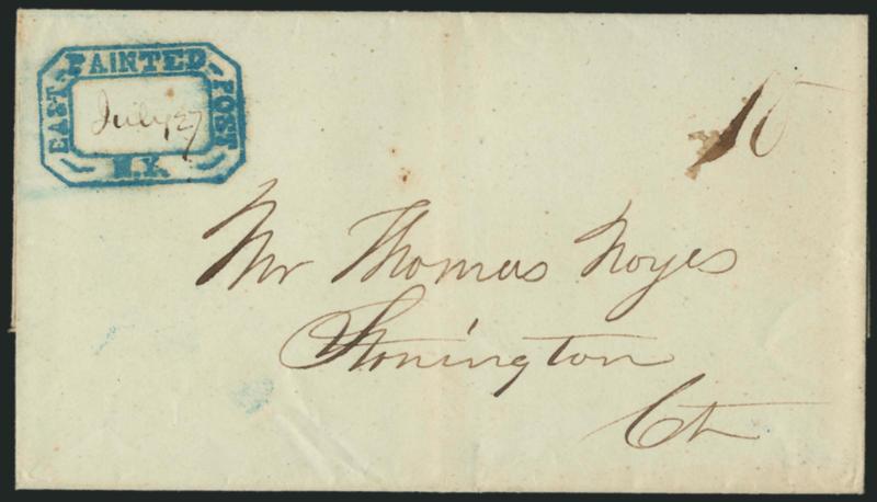 East Painted Post N.Y., July 27.> Unusually clear strike of blue octagonal handstamp, date and 10 rate in ms. on 1846 folded cover to Stonington Conn., fresh and Extremely Fine, a beautiful cover, ex
Jarrett