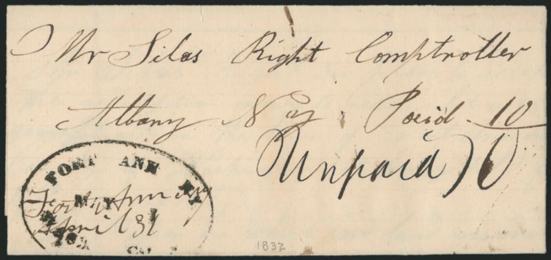 Fort Ann N.Y. Wash. Co. May 1.> Large oval handstamp struck partly off bottom of cover, ms. Paid 10 and Unpaid 10 on 1832 folded letter to Albany which contained $2.00 in bills to pay taxes, Very Fine, scarce
county-named oval datestamp, the earl
