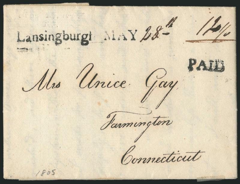 Lansingburgh MAY 28th.> Clear strike of straightline handstamp with day in manuscript, Paid handstamp and ms. 12-12 rate on neat 1805 folded letter to Farmington Conn., Very Fine and choice