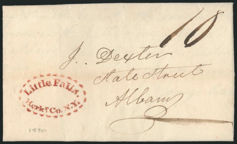 Little Falls. Herkr. Co. N.Y.> Beautiful deep red <county-named stencil oval postmark> without manuscript date, 10 rate on 1830 folded letter to Albany, light file fold, Very Fine, a rare and choice example of
this distinctive county-named postmark