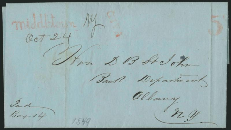 middletown NY. Oct. 24.> Fancy red straightline handstamp <in lower-case script> with N.Y. and date in manuscript, matching red Paid and 5 handstamps on 1849 folded letter to Albany, ms. box charge notation at
bottom, light file folds, Very Fin