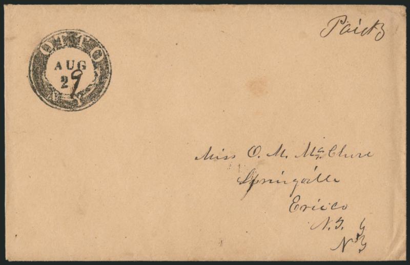Otto N.Y. Aug. 29.> Perfect strike of circular datestamp with negative lettering and day in ms. on cover to Springville N.Y., ms. Paid 3 at upper right, Extremely Fine strike of this scarce fancy town marking,
ex Jarrett