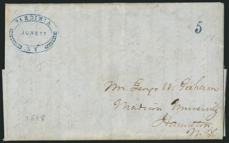 Sardinia N.Y. June 13.> Neat strike of fancy blue oval handstamp with small matching 5 rate on 1848 folded letter to Hamilton N.Y., Extremely Fine, a beautiful strike of this scarce postmark