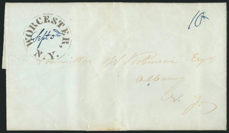 Worcester N.Y. Sept. 3d.> Brownish-black <stencil> postmark with date in blue manuscript with 10 rate on 1839 greenish folded letter to Albany, minor stain on back, still Very Fine, superb example of this rare
stencil postmark, fewer than six repor