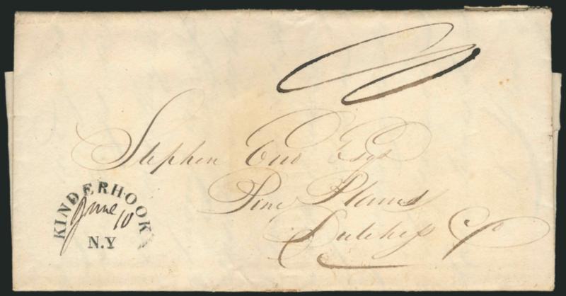 New York Stampless Covers.> 19, incl. Auburn with serrated circle, 1828 rimless Aurora struck in brown, three from Buffalo (black, red and blue strikes), 1818 Caughnawaga, two from Hudson (1803 and 1813), 1831
Kinderhook, three red Lockport ovals, 18