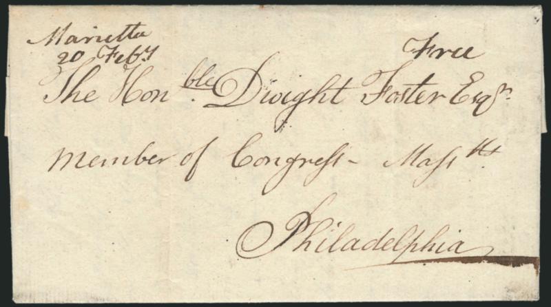 (Northwest Territory) Marietta 20 Feby.> Manuscript postmark with Free on 1800 folded letter to Dwight Foster in Philadelphia, <from Colonel Nathaniel Cushing> and enclosing seeds with instructions for
planting, light vertical file folds, Very Fi