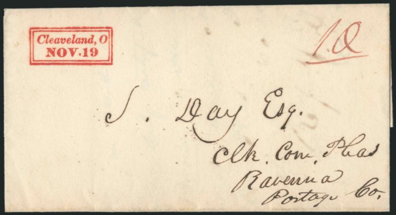Cleaveland, ONOV. 19.> Perfect strike of red two-line datestamp in double-line frame with ms. 10 rate on 1830 folded letter to Ravenna O., Extremely Fine strike