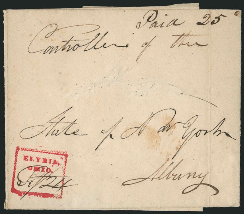 ELYRIA,OHIO.> Well-struck serrated boxed handstamp in red with ms. Sept. 24 date and Paid 25 rate on 1829 folded cover to Albany N.Y., slight wear, Very Fine strike