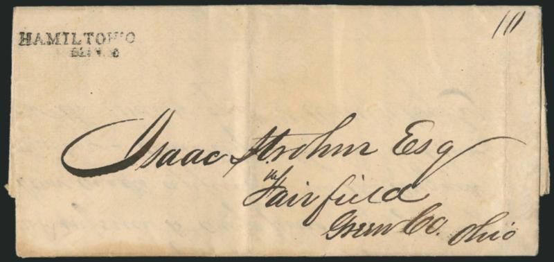 HAMILTON, O.SEPT. 6.> Bold strike of two-line datestamp with ms. 10 rate on 1838 folded letter to Fairfield O., light vertical file folds well away from marking, Very Fine strike