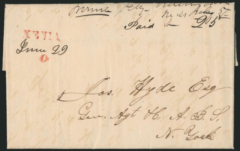 XENIA O.June 29.> Bold strike of red two-line handstamp with date in ms., Paid 25 rate on 1843 folded letter to New York, Very Fine strike, illustrated in ASCC on p. 311