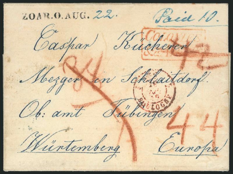 ZOAR, O. AUG. 22.> Bold straightline datestamp with day in blue ms., Paid 10 rate on 1849 folded letter <to Wurttemberg, Germany,> red boxed Anglo-French accountancy marking, red crayon 42 crossed out and
changed to 44, red French transit, Very